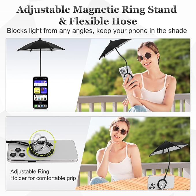 Magnetic Umbrella Phone Stand for Sun Protection,Adjustable Sun Shade Shield for iPhone 16/15/14/13/12 Pro Max,Samsung & Google,Detachable Ring Stand,Heat-Resistant Design,Car Mount Compatible, Black