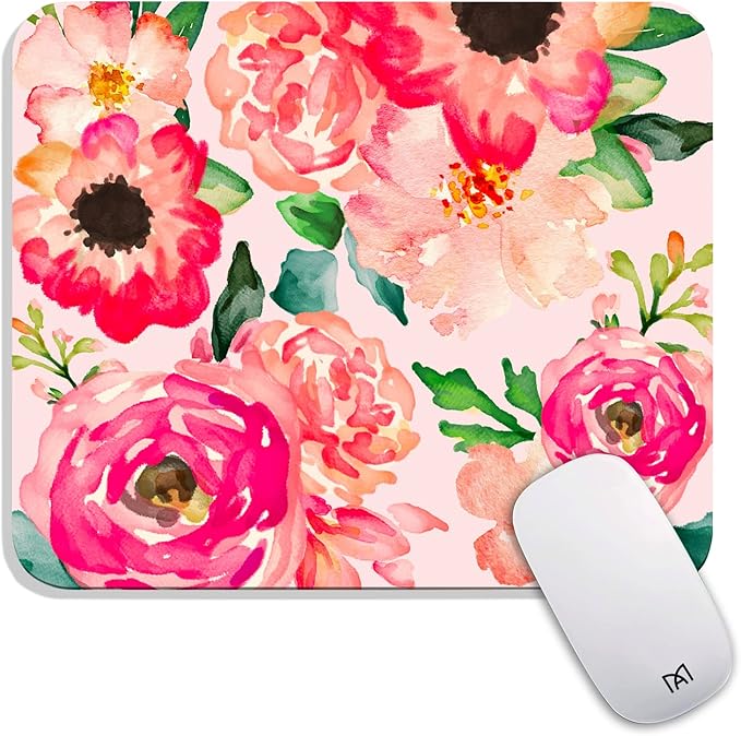 Square Mouse Pad Pink Watercolor Flower, Personalized Premium-Textured Custom Mouse Mat Design, Washable Mousepad Cloth, Non-Slip Rubber Base Computer Mouse Pads for Wireless Mouse