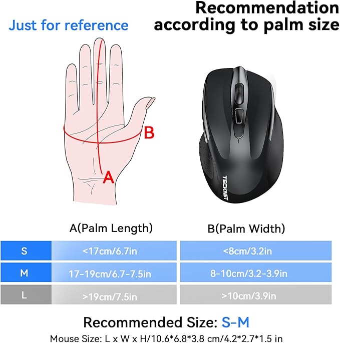 TECKNET Wireless Mouse (BT5.0/3.0 & 2.4G) Rechargeable 4800 DPI Silent USB A & Bluetooth Mouse 6 Buttons, Wide Compatibility - Black