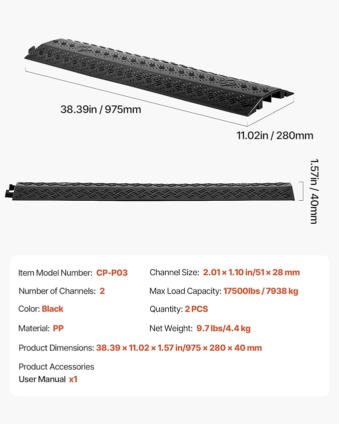VEVOR 2 Pack Drop Over Cable Cover, 2 Channel Heavy Duty Cable Hose Protector Ramp, 38.3'' Floor Cord Cover, 17,500 lbs/Axle Load Capacity, for Traffic Areas, Indoor, Outdoor, Home, Office, Warehouse