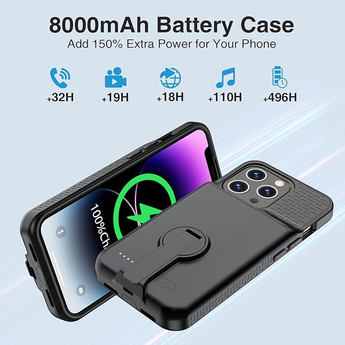 GIN FOXI Battery Case for iPhone 14 Pro Max/14 Plus/13/12 Pro Max, Charging Cases with Stand 8000mAh Portable Extended Case Cover Juice Box for iPhone 14 Pro Max, 14Plus, 13/12Pro Max (6.7”) Black