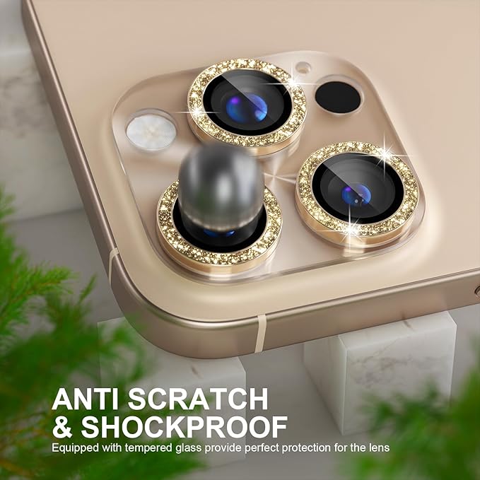 Choiche Compatible for iPhone 16 Pro/iPhone 16 Pro Max Camera Lens Protector, Bling Camera Cover with 9H Tempered Glass Lens Screen Protector Metal Ring Decoration Accessories (Clear-Titanium Desert)