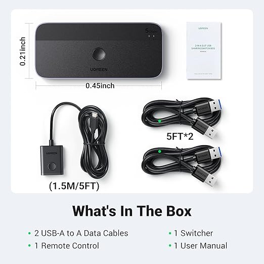 UGREEN USB 3.0 Switch 2 Computers Sharing USB C & A Devices, 4 Port USB Switcher Sharing Keyboard and Mouse, Printer/Scanner USB Switch Hub for Two Computers with 2 USB3.0 Cables and Controller