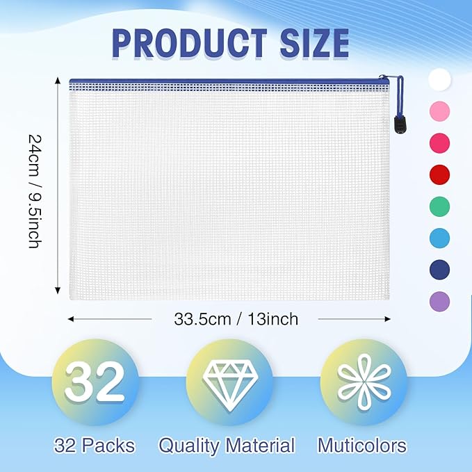 Jetec 32 Pcs Mesh Zipper Bags Toy Storage Bikini Organizer Bag Bolsas Para Guardar Trajes De Baño Waterproof Zipper Reusable Pouch Puzzle Multipurpose for Storage Office(Classic Color,13 x 9.5 Inch)
