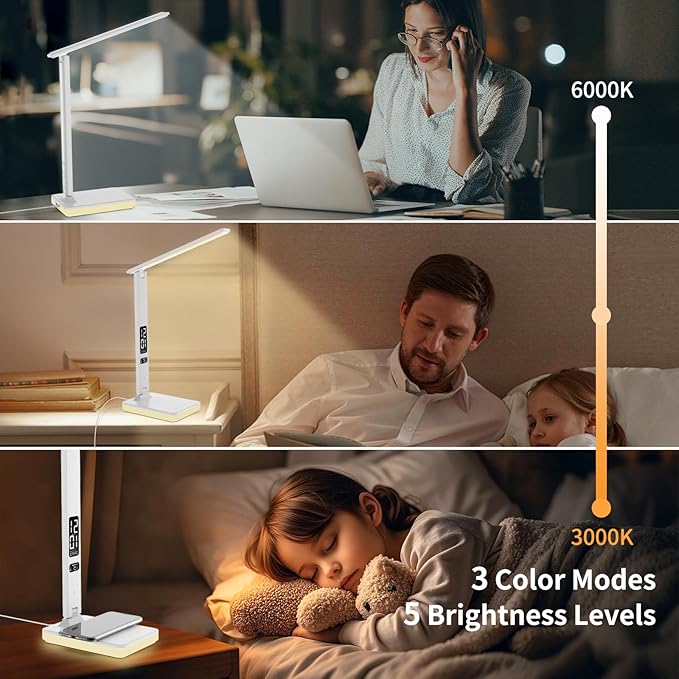 LED Desk Lamp for Home Office, USB Charging Port, Reading Lamp Desk Light with 5 Brightness, 3 Colors, Table Lamp with Clock, Alarm, Date, Temperature, Desk Lamp for College Dorm Room (White)