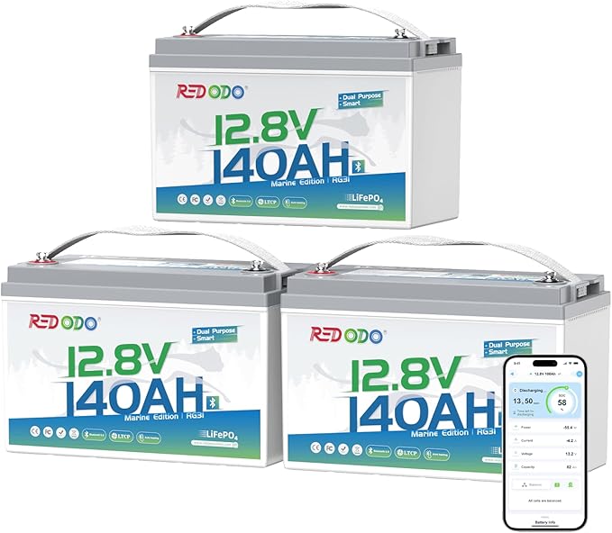 Redodo 12V 140Ah Dual Purpose Lithium Marine Battery, 1000CCA Group 31 Bluetooth Starting Battery with Self Heating, 3 Pack