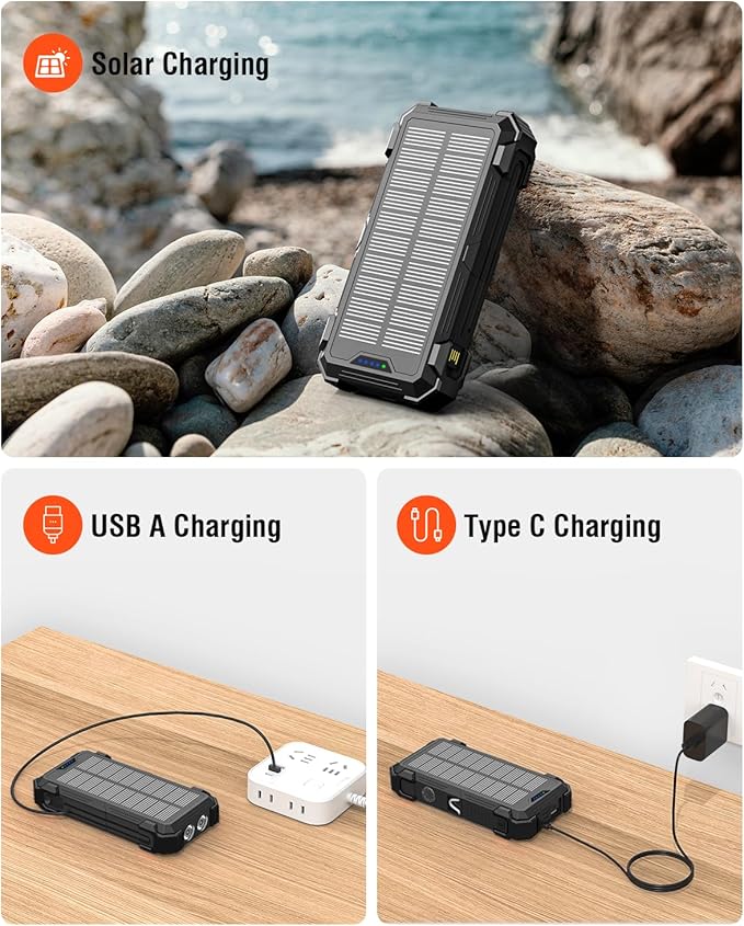 Solar Charger Power Bank, 42800mAh Wireless Portable Charger with USB-C in/Output, QC3.0 Fast Charging 15W 4 Ports Outdoor Battery Pack Built-in Dual Led Flashlights for iPhone Samsung etc