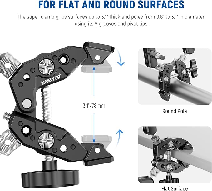 NEEWER Heavy Duty Super Clamp with Two 360° Dual Ball Head Magic Arms, 1/4" 3/8" Screw Threads, Phone & Action Camera Mount Adapter for Flat/Round Surface Compatible with GoPro DJI Insta360 DSLR