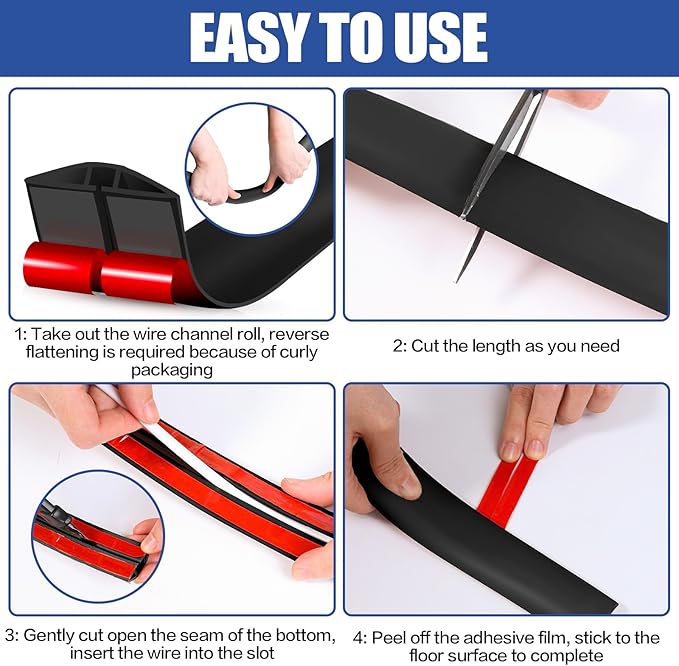 Floor Cord Cover Cavity 0.8"x0.37" Self Adhesive Cord Hider, 3.3FT Low Profile Cable Management, Extension Strip Protector for Wires, Prevent Cable Trips for Offices, Gyms, Exhibitions (Black)