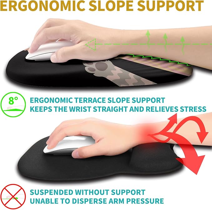 Hokafenle Ergonomic Mouse Pad Wrist Support with Stepped-Wedge Design, Wrist Rest Pain Relief Mousepad Filled with Memory Foam, Carpal Tunnel Mousepad for Wireless Mouse(12x8 inch, Paw)