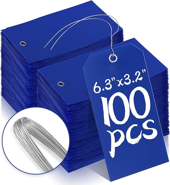 100 Pieces Plastic Shipping Tags with Wires Blank Labeling Tags Waterproof Hang Tags with Reinforcement Hole Durable Wire Tags Labels Stacking Tags for Equipment Parts (Dark Blue, 6 1/4" x 3 1/8")