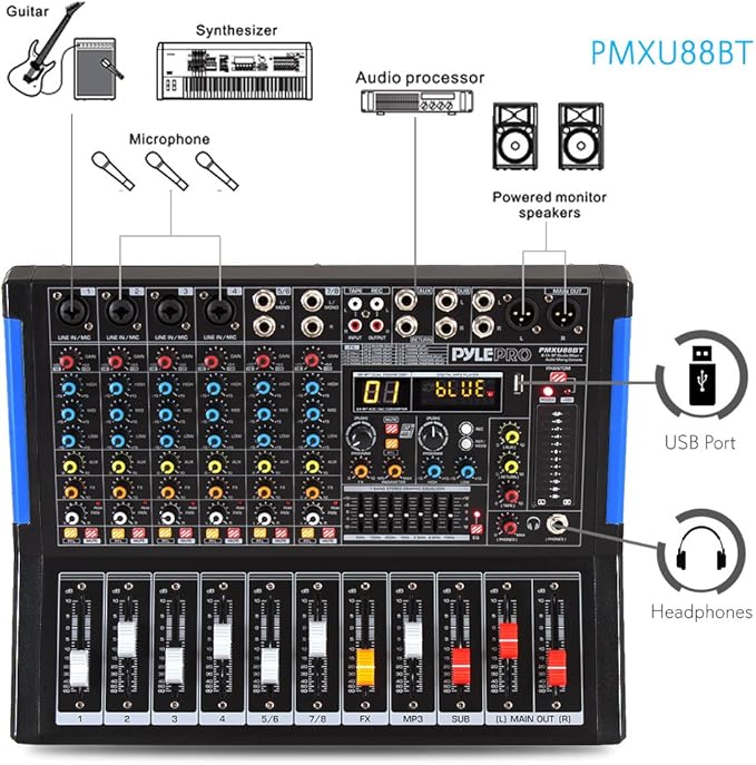 Pyle 8-Channel Bluetooth Studio Audio Mixer- DJ Sound Controller Interface w/ USB Drive for PC Recording Input, XLR Microphone Jack, 48V Power, RCA Input/Output for Professional & Beginners- PMXU88BT