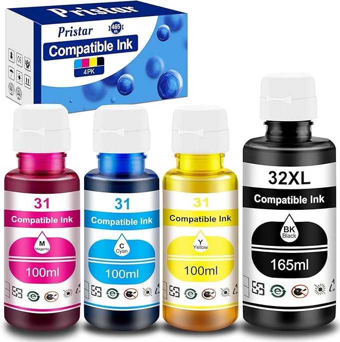 Pristar Compatible with HP 31 32XL Ink Bottle Set Compatible with HP Smart Tank 7301 7001 7602 5000 6001 5101 5102 5103 Plus 651 551 455 457 450 All-in-One Printer (165 ML 32XL Black Ink 100 ML 31 CMY