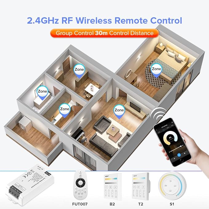 BTF-LIGHTING C02RF Tuya Controller Support PWM 5050SMD FCOB COB CCT(+ CW WW) 3pin Dual While LED Strip Support with WR02RF RC02RFB Remote DC5V/DC12V/DC24V Max 12A Indoor Use Only(NO Remote NO Power)