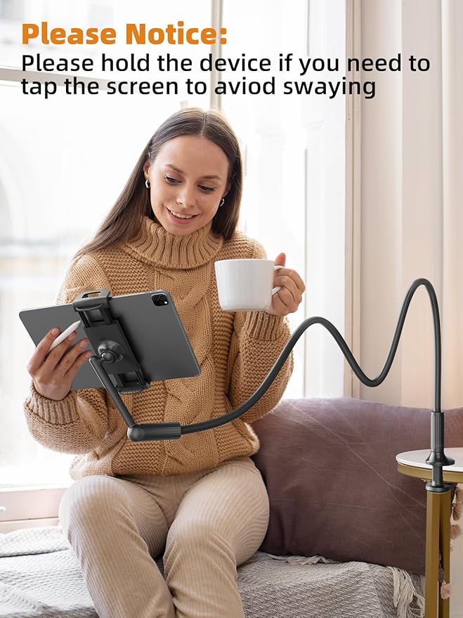 SAIJI 47" Gooseneck Kindle Holder, Tablet Holder for Bed with Upgraded Base, iPad Stand with Flexible Lazy Arm, Compatible with iPad/iPhone/Kindle/Switch or Other 4.7-13" Device (Black)