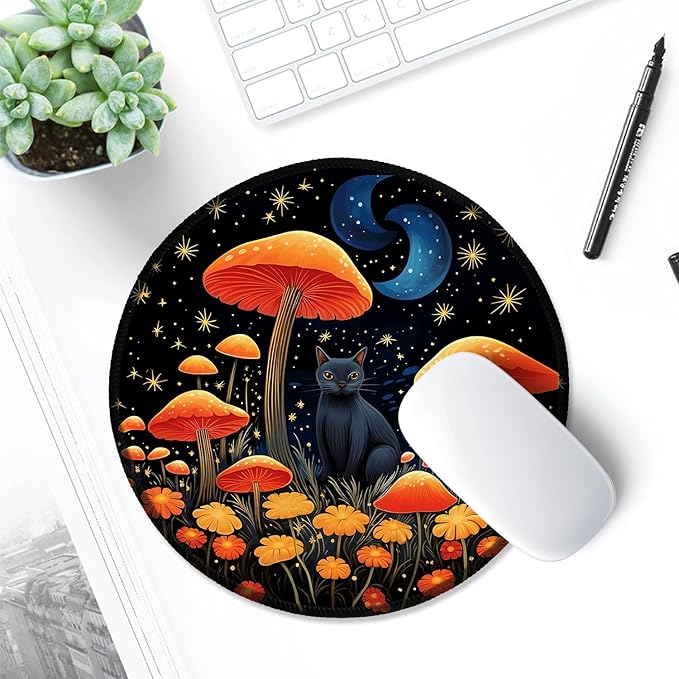 ITNRSIIET Round Mouse Pad with Stitched Edge Premium-Textured Waterproof Non-Slip Rubber Base Desktop Protection Mat Diameter 8.7 inches, Cat and Mushroom