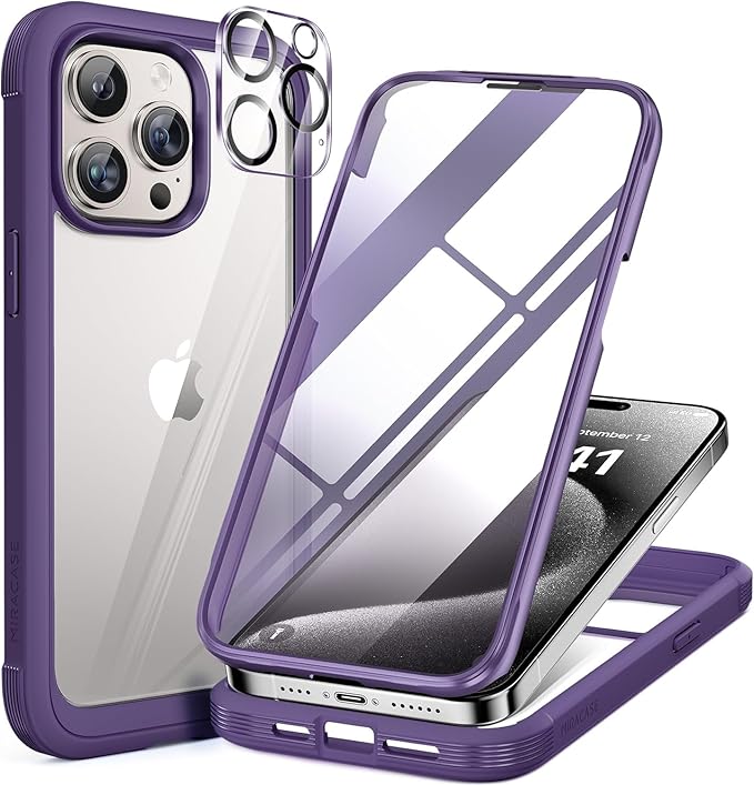 Miracase for iPhone 15 Pro Case Full-Body Built-in Glass Screen Protector& Camera Protector, Military Protective 15 Pro Phone Case Cover 6.1 inch, Purple