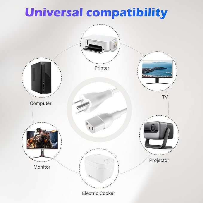 Adoreen 6 Ft Computer TV Replacement Power Cord White, 18AWG 3-Prong AC Universal Power Supply Cable NEMA 5-15P to IEC 320 C13 for Printer, PC, Monitor TV LCD, ETL+Ties