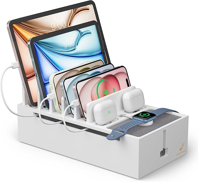 Pezin & Hulin Multi Charger Station Organizer Rack, Bamboo Cable Management Box, Power Strips and Cord Hider, Nightstand Device Organizer (Include 6 Cables)(No Power Charging Supply) -White