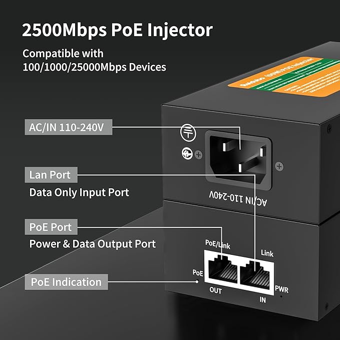 2.5Gb PoE Injector Adapter 90W, IEEE 802.3bt/at/af Compliant, Converts Non-PoE to PoE Network, 100/1000/2500Mbps RJ45, Up to 328 ft, Plug & Play (90W)