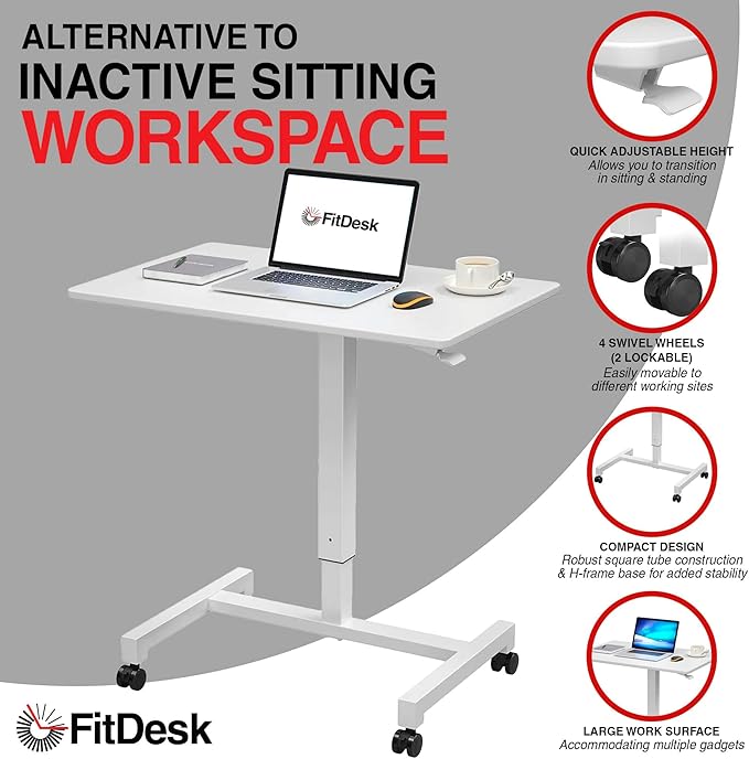 FitDesk Portable Laptop Desk, Rolling Standing Workstation Adjustable Height, Compact Standing Table with Large Surface, Small Stand Desk for Home Office, 30 lb Weight Limit – White, 27" Tabletop