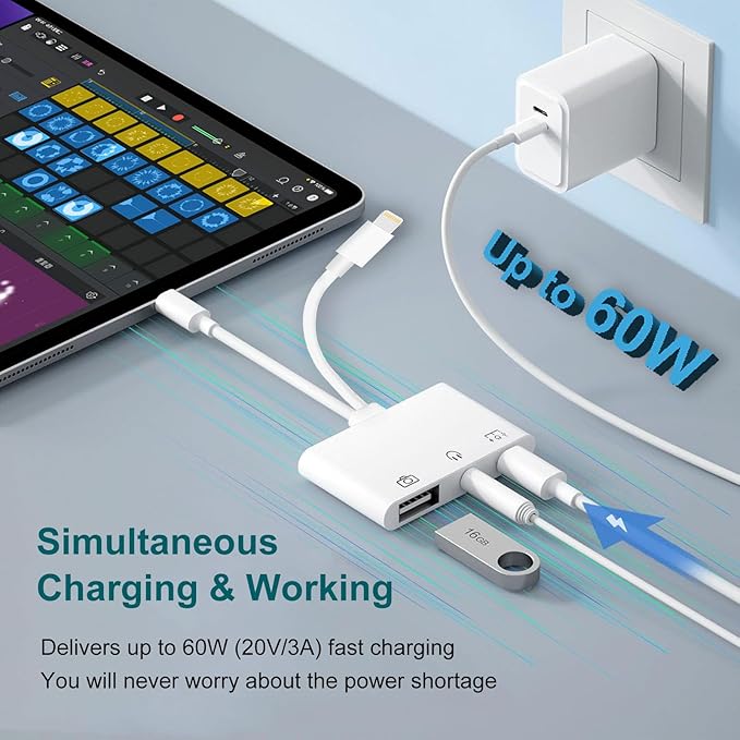 USB-C & Lightning to 3.5mm Headphone Adapter, 3-in-1 USB OTG Camera Adapter & Aux Headphone Splitter, Supports Charging/Audio/Data Transfer for iPhone 16/15/14/13/12, Samsung Galaxy S25/24, Laptops