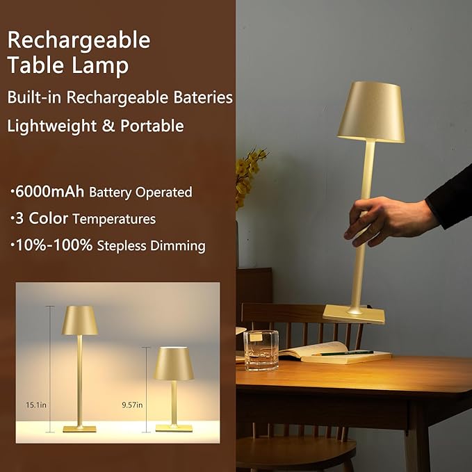 4 Pack Gold Cordless Table Lamps for Gifts, Portable Rechargeable Lamp, 6000mAh Battery Operated lamps, 3 Color Dimmable LED Table Light for Holiday, Christmas, Graduation Gifts, Teacher Gifts