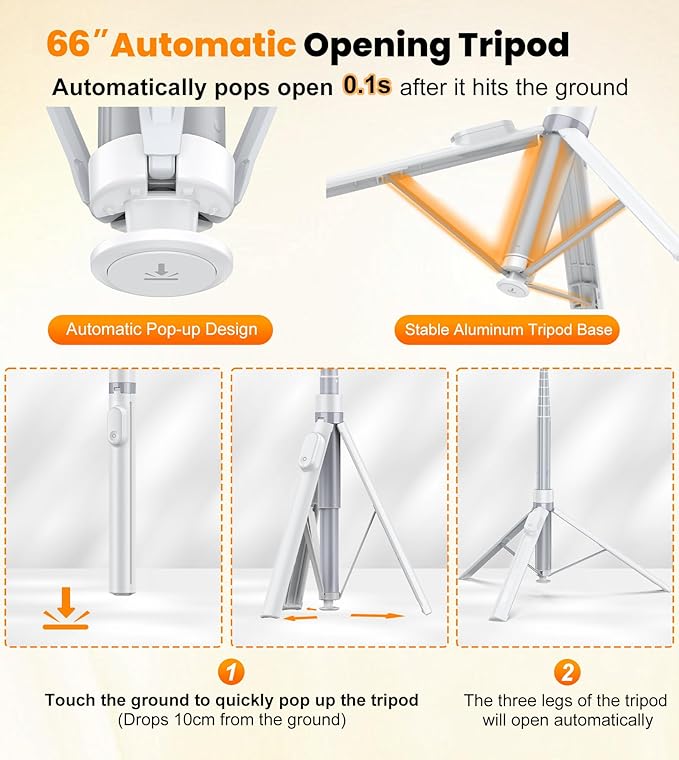 TONEOF 66" Automatic Phone Tripod with Magnetic Rechargable Remote,Selfie Stick 360° Vertical & Horizontal Rotatable,Stable for iPhone/Android((White)