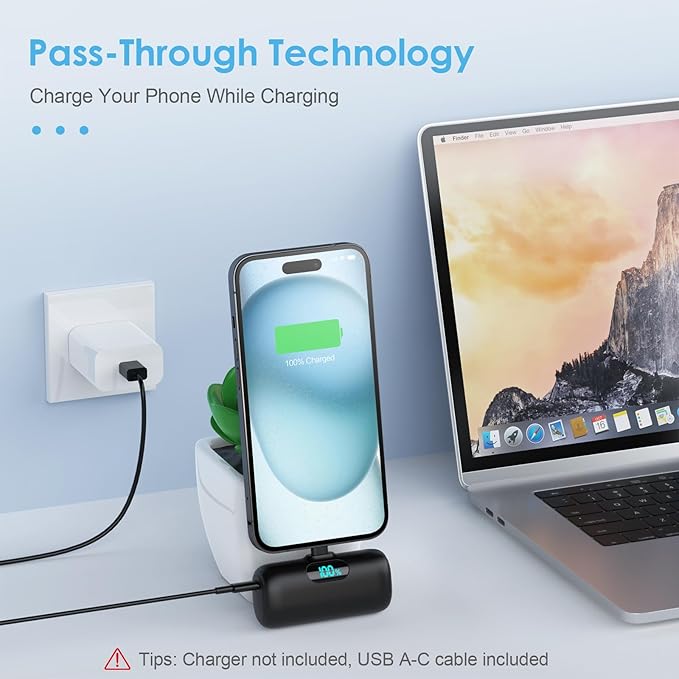 [2 Pack] Samll Portable Charger for iPhone 16/15 Series, 5000mAh 3A PD USB C Power Bank, Mini LCD Display Battery Pack Compatible with iPhone 16/16 Plus/16 Pro/15 Pro Max,Samsung,Android/Moto/LG etc