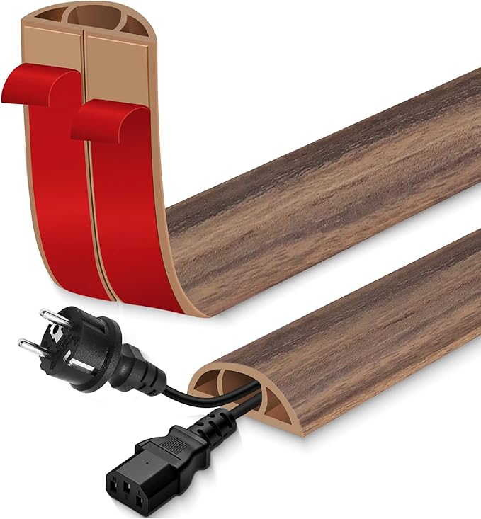 Floor Cord Cover for Wires on Floor Self Adhesive Cord Hider Floor Cable Management Wire Covers for Cords Protector Prevent Cable Trips Cord Cavity W 0.47" x H 0.27", Misty Brown Wood, 10Ft