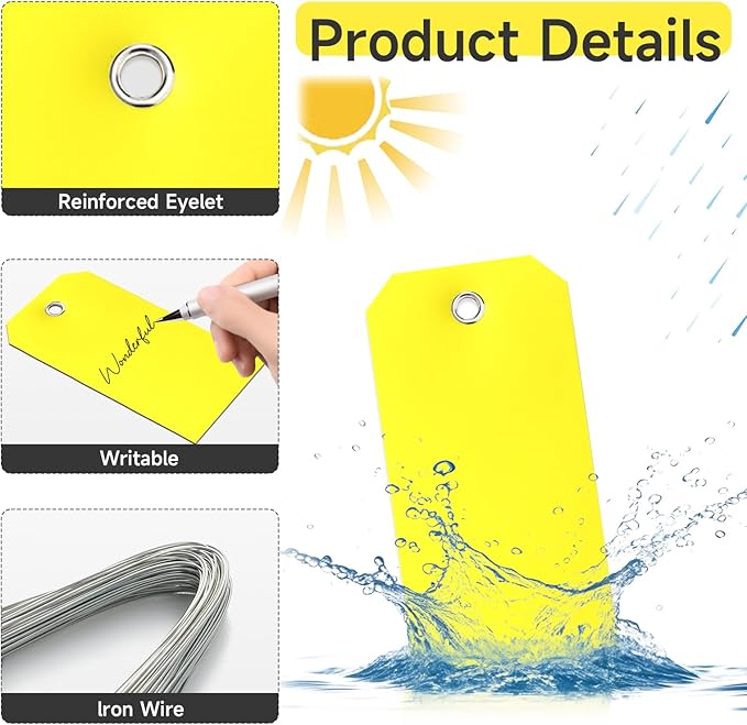 100Pcs Shipping Tags with Wire Ties Plastic Hang Tags for Labeling Blank Tags with Holes Waterproof Equipment Moving for Outdoors Auto Parts Luggage Garage Inventory(Yellow, 4 3/4" x 2 3/8")