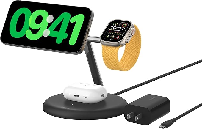 Belkin MagSafe-Compatible 3-in-1 Wireless Charger Stand 15W - Qi2-Certified Wireless Charging Station, Fast Charging of iPhone 16, AirPods, & Apple Watch - 36W Included - Black