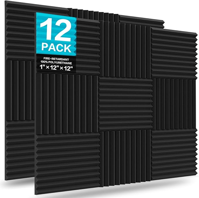 JBER 12 Pack Acoustic Foam Panels, 1" X 12" X 12" Sound Proof Foam Panels for Walls, High Desnsity Studio Soundproofing Wedges - Fire Resistant & Noise Absorbing for Studio, Office, Home (Black)