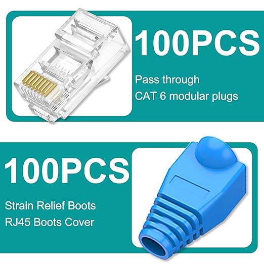 100-Pack Cat 6 Pass Through RJ45 Connectors with RJ45 Boots Cover (Cat6 Connector/ Cat5e Connector/Ethernet Ends/Cat 6 Ends/ RJ45 Modular Plugs) for Solid or Stranded UTP Cable
