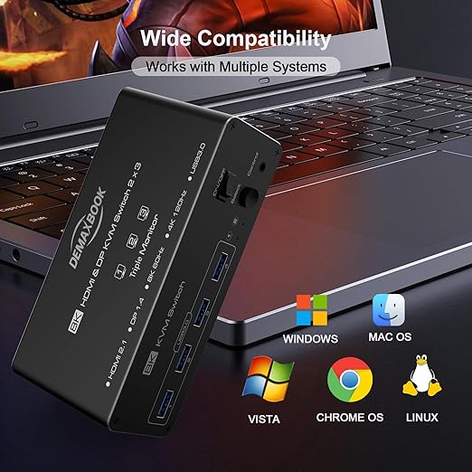 DEMEXBOOK HDMI DisplayPort KVM Switch 3 Monitors 2 Computers 8K@60Hz, 4K@144Hz,Triple Monitor KVM Switches with 4 USB 3.0 Ports, Wired Remote, USB3.0 Cables，Power Adapter Included
