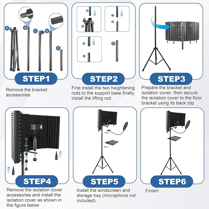 Studio Microphone Stand with Isolation Shield & Pop Filter,5-Sided Tri-Layer microphone isolation shield,Studio Boom Arm Tripod for Crystal Clear Recording,Podcasting,Streaming,Home Studio Equipment