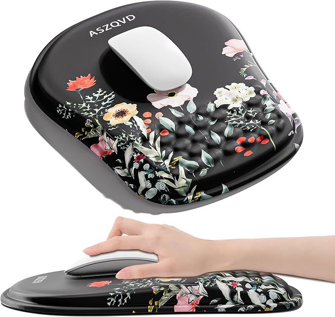 Mouse Pad with Wrist Rest, Ergonomic Mousepads with Wrist Support, Soft Lycra Fabric Memory Foam Office Desk Accessories for Comfort/Pain Relief/PC Gaming/Computer/Laptop (Black Flower)