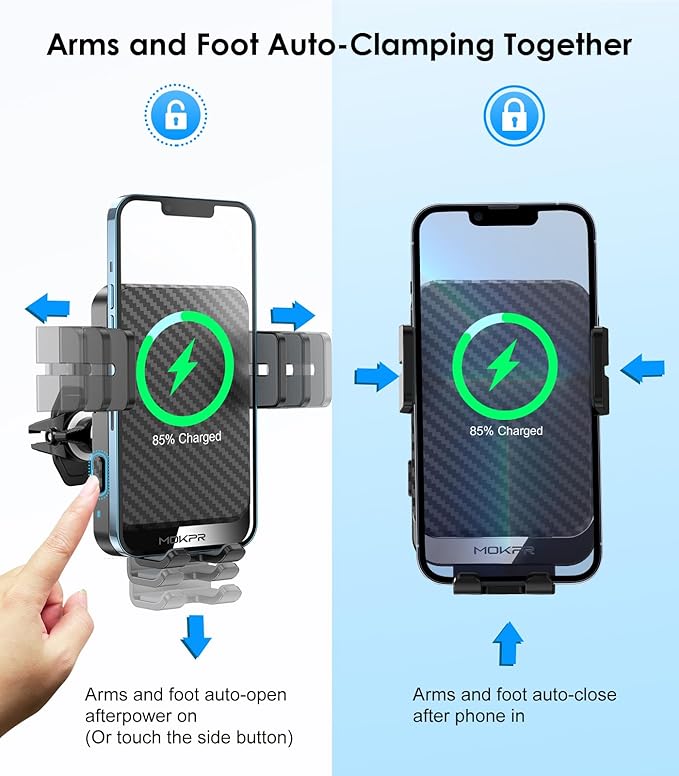 Wireless Car Charger, MOKPR 15W Fast Charging Auto-Clamping Car Charger Phone Mount Air Vent Cell Phone Holder Compatible iPhone 16/15/14/13/13 Pro/12 pro/12/11, Samsung Galaxy S23/S22/S21/S20, etc