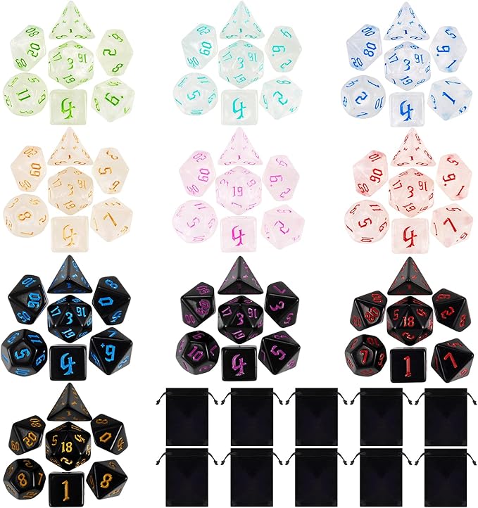 DND Dice, 10 X 7 (70 Pieces) Polyhedral Dice Set for Dungeons and Dragons DND RPG MTG Table Games D4 D6 D8 D10 D% D12 D20 with 10 Pack Black Bags