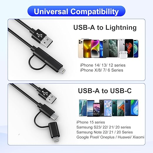 USB to USB-C and Lightning Cable Combo 2 in 1 Coiled Cable Support Apple Carplay & Android Auto [MFi & 3A Fast Charge & Data Sync] Coiled Lightning and USB C Cable for iPhone 17/16/15/14/13/12/Android