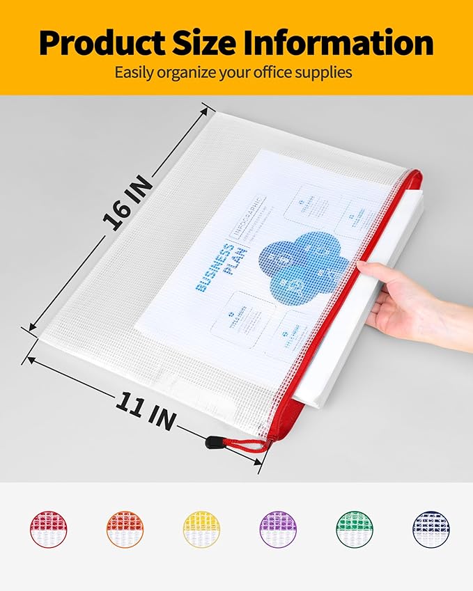 SUNEE 12pcs Mesh Zipper Pouch 11x16, Large Storage Bags for Board Game & Puzzle Organizing, Reusable Plastic Zip Organizer for Travel (A3, 6 Colors)