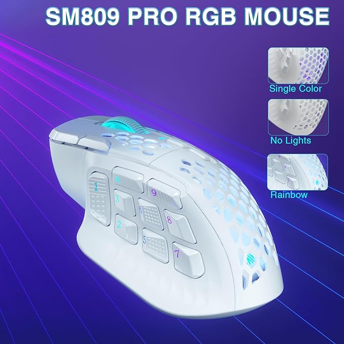 SM809 Pro Wireless MMO Gaming Mouse with 9 Side Buttons,24000 DPI,Triple Connectivity (2.4G/BT/Wired) RGB MMO Mouse for Gamer,16 Programmable Macros,Up to 350H Battery Life,White