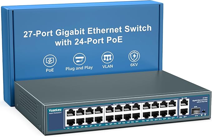 24 Port Gigabit PoE Switch Unmanaged, YuanLey 27-Port Gigabit PoE with 2 Uplink & 1 SFP, Rackmout, Build in 400W Power, Support 802.3af/at, Plug and Play, One-Key VLAN, Metal Case