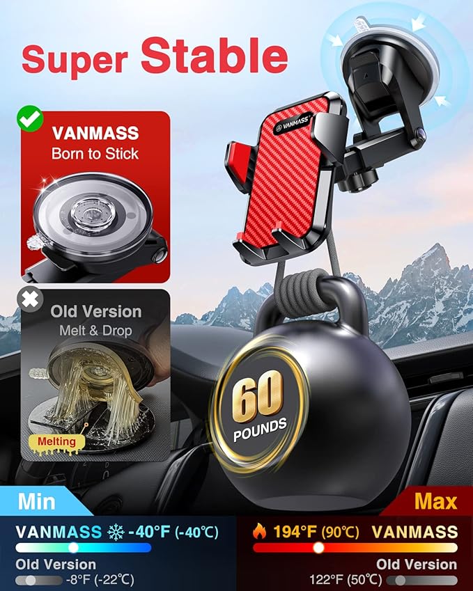 VANMASS 【2025 Strongest & Military-Grade Car Phone Mount 【Patent & Safety】 Ultimate Cell Phone Holder Best Handsfree Stand for Dash Windshield Vent for iPhone 16 Pro Max 15 14 Android & Truck, Red