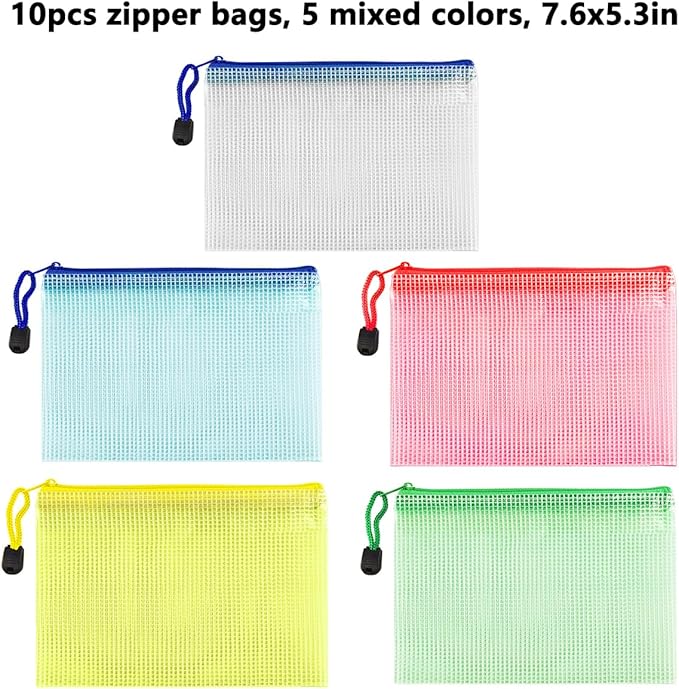 AUSTARK 10 Pcs Zipper File Bags, Waterproof Plastic Mesh Pouch for Office School, Board Game Storage Bags (B6 Size 7.6''x5.3'', Multicolored)