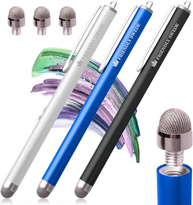 The Friendly Swede Mesh Tip Stylus Pen for Touchscreen — 3-Pack Micro-Knit Capacitive Stylus Pen for iPad & iPhone with 3 Replaceable Fiber Tips, Elastic Lanyards & Screen Cleaning Cloth