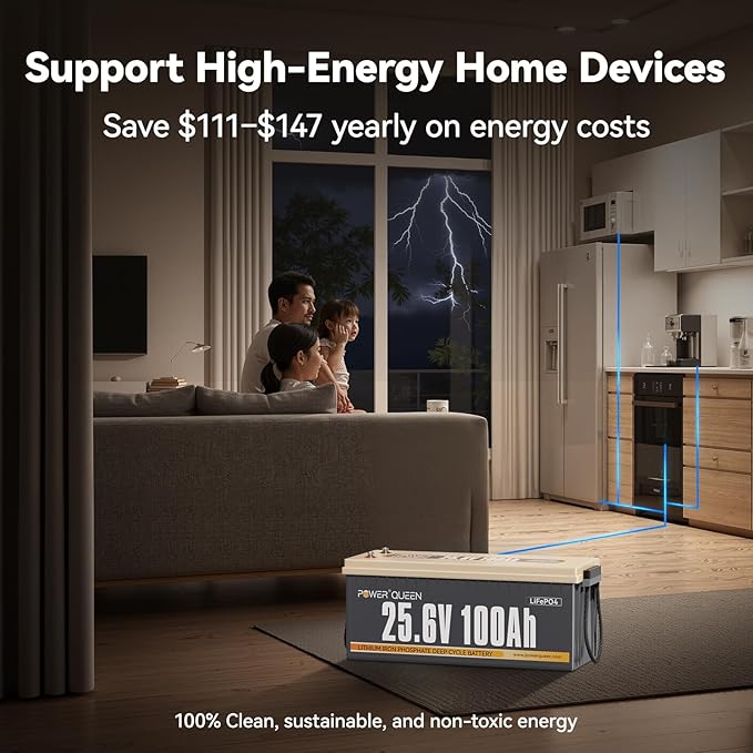 Power Queen 25.6V 100Ah LiFePO4 Battery, Built-in 100A BMS, 4000 to 15000 Cycles, 2.56kW Max Load Power, 2.56kWh Deep Cycle Battery For Home & Off-Grid Solar Power System, RV, Marine