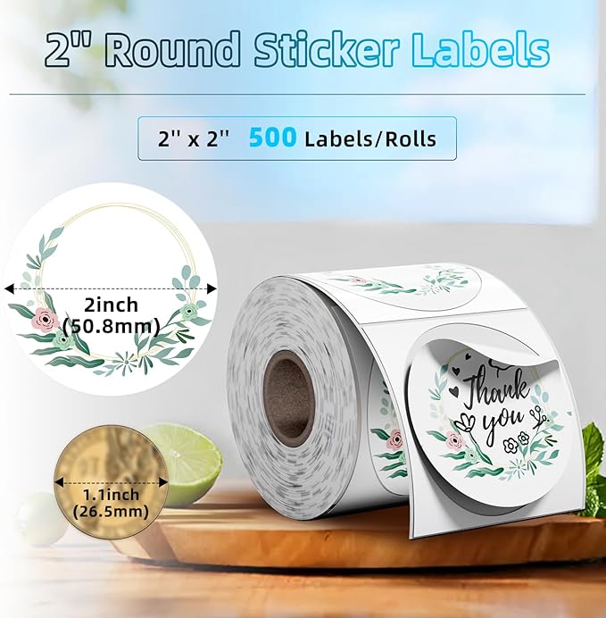 2'' Round Thermal Labels, 500pcs Circle Thermal Printer Label, Multi-Purpose for DIY Logo Design, Name/Price Tag, Address, QR Code, 750 Labels/Roll