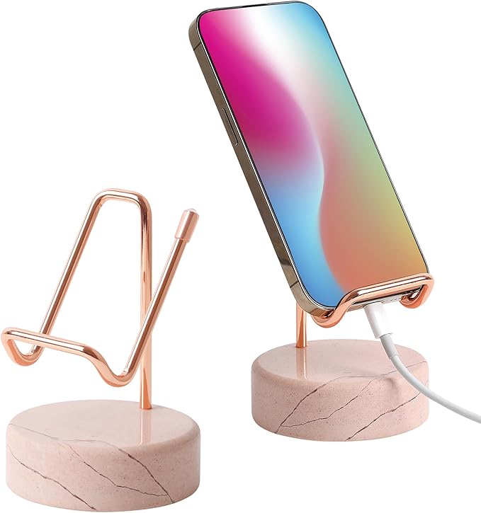 Marble Phone Stand with Metal Holder, Charging Available While Using, Swipe Up to Unlock, Made of Natural Marble as Business Card Holder for Office Desk (Rose Pink + Rose Gold)