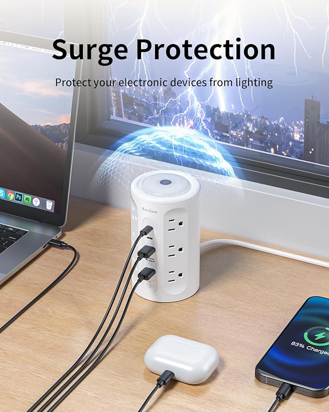 Power Strip Tower with Night Light, 15W Surge Protector Power Strip with USB Ports, 10 FT Extension Cord with Multiple Outlets (12AC+3A+2C) for Home Office Desk DormRoom (White)